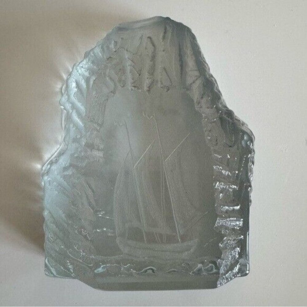 Vintage Strombergshyttan Glass Paperweight Etched Iceberg Viking Ship Numbered
